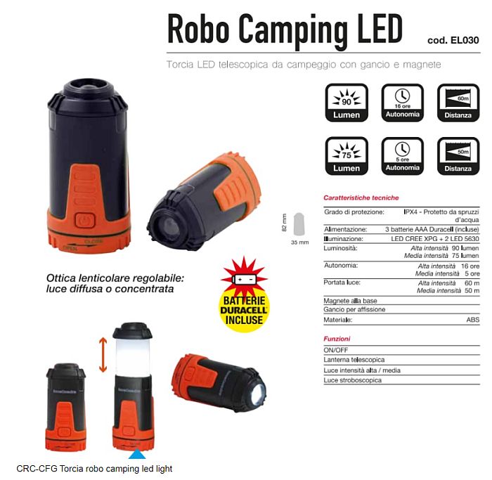 TORCIA A LED DA CAMPEGGIO TELESCOPICA CON GANCIO E MAGNETE - CFG EL030