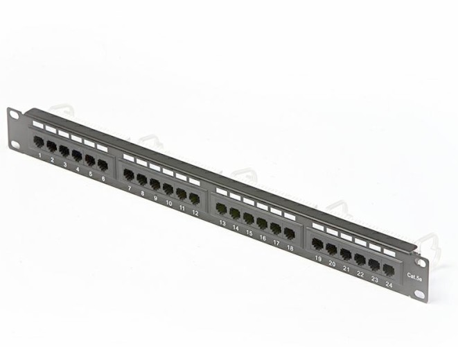 PANNELLO PATCH 24 PORTE U/UTP CAT5E RJ45 PER RACK 19" NERO - MHC AR-PPU5-24