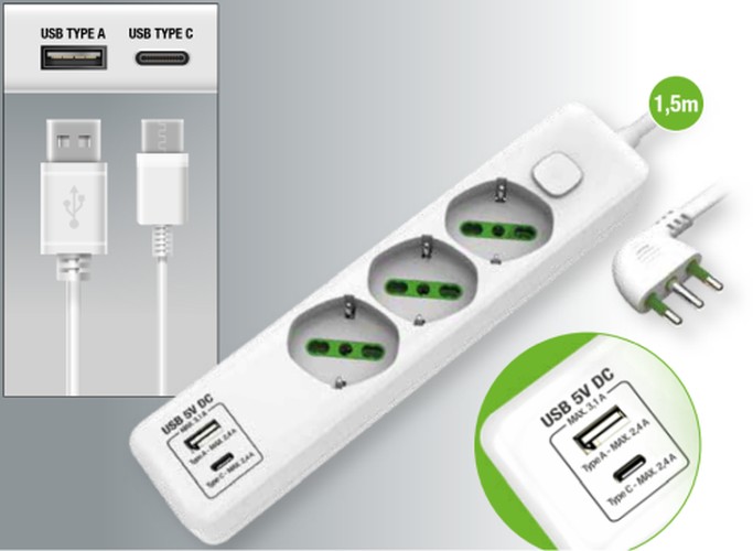 MULTIPRESA 3 SCHUKO BIVALENTI + 2USB A/C + INTERRUTTORE BIAN - LED 800341