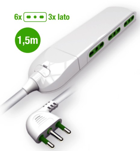 MULTIPRESA SLIM 6 USCITE BIVALENTI CAVO 1,5M SP.16A BIANCA - LED 800352