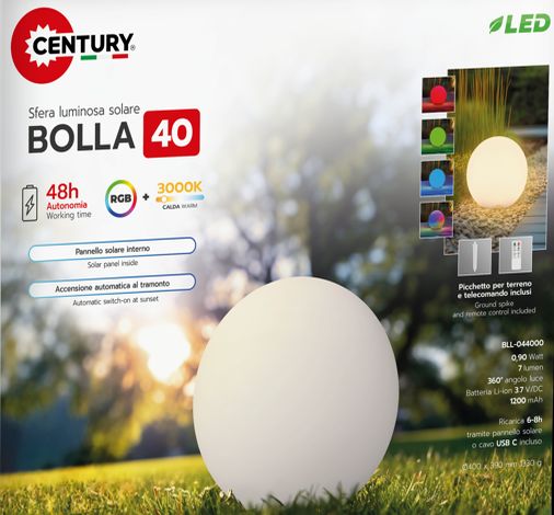 LAMPADA LED SOLARE A BOLLA 0,9W 3000K/RGB D.400 IP44 DIMMER. - CUY BLL-044000