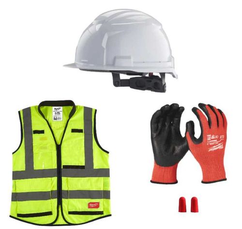 KIT SICUREZZA EDILIZIA, ELMETTO+ GUANTI+ 1CF TAPPINI+ GILET - COP 4932500169